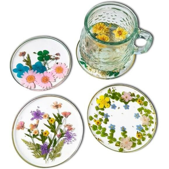 Handmade resin flower drink coasters set of 4 round pressed floral cup mats deco - Picture 7 of 7